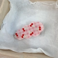 Pink checkered hair clip with cherry pattern in a wave shape made of resin material - Pink Plaid Cherry
