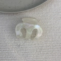 Detail view of pearlescent cream shark hair clip with rainbow finish and French gold logo - Mermaid Color