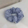 Blue and white striped hair scrunchie with lace trim edges on a white background - Blue Striped Lace Hair Tie