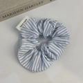Blue striped scrunchie with lace edge and handmade label for elegant hair styling - White Striped Hair Tie