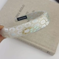 Beige floral brocade padded headband with gold and mint green embroidery motifs - Beige Honeycomb Jacquard (Style J)