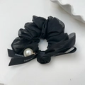 Elegant black tulle scrunchie with rose, large pearl, and 'CHANGE' ribbon detail - Black