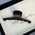 Close-up of dark brown acetate hair claw with golden Barrette la France lettering - Bar Style