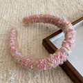 Chic pink fuzzy knit headband with colorful plush dots in French retro style - Pink