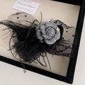 French vintage grey rose hair claw with black polka dot mesh and delicate feathers - Small High Ponytail Style / Grey Flower