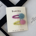 Detail of colorful wool felt hair clips with soft pom-poms on original display card - Plush Ball Hair Clip / Pink and Blue Pom-pom
