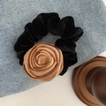 Elegant khaki velvet rose flower hair scrunchie with black elastic band accessory - Brown
