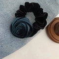Elegant black velvet hair scrunchie with a dark green velvet rose flower decoration - Dark Green