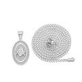 Close-up of silver Cuban chain with oval Freemasonry pendant featuring G logo detail - Silver Freemasonry (717 Silver AG + 3mm Steel Curb Chain)