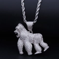 Macro del ciondolo a forma di gorilla in argento con zirconi bianchi e catena a corda - Argento + Catena a Corda in Acciaio Inossidabile 3mm*24inch