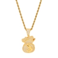 Detailed view of hip-hop gold money bag pendant with zircon stones and a dollar sign - Gold + Stainless Steel Twist Chain