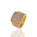 Macro shot of gold square hip hop ring with paved cubic zirconia stones and flat top surface - US 10 / Gold