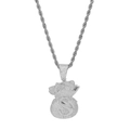 Close-up of hip-hop silver money bag pendant encrusted with sparkling cubic zirconia - Silver + Stainless Steel Twist Chain
