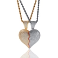 Collana hip hop con ciondolo a cuore spezzato magnetico in oro e argento con zirconi cubici - Set Combinato Con Catena A Corda / Mix Sinistra Oro Destra Argento