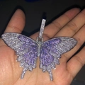 Hip hop vlinder hanger ketting met fonkelende witte en paarse zirkonia stenen bezet - Kettingset / Zilverpaars En Staalkleurige Cubaanse Ketting
