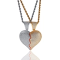 Collana con ciondolo a cuore spezzato bicolore oro e argento con micro pavé di zirconi - Set Combinato Con Catena A Corda / Mix Sinistra Argento Destra Oro