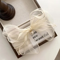 Elegant cream mesh bow hair clip with pearl pendant in a premium wooden gift box - Champagne