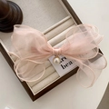 Elegant light pink mesh bow hair clip with faux pearl detail and gold fastener - Pink