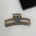 Nahaufnahme einer braunen Haarspange mit einem schwarz-weiß gestreiften Stern-Design - Gestreifte Sterne