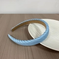 Light blue striped wide headband with soft fabric texture and brown inner suede lining - Blue Light Stripes