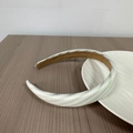 Elegant wide padded headband with gray striped white fabric and comfortable brown lining - White Light Stripes