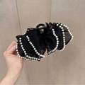 Elegant large black mesh bow hair claw clip with white faux pearl trim for updo hairstyles - Black