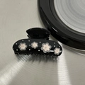 Vue détaillée de la pince à cheveux en acétate avec fleurs en strass et base noire - Noir