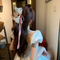 Elegante kanten haarklem met strik en roze linten voor lang haar met gouden details - Off-wit