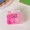 Close-up of 100 colorful high elastic kids hair ties in a transparent cartoon pig storage box - Pink Series