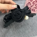 Elegant black ribbon rose hair claw clip with pearl pendant in vintage korean style - Black