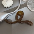 Dettaglio della grande pinza per capelli ambra traslucida con elegante design a torsione - Marrone