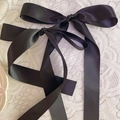 Close-up of black satin bow hair ribbons on elegant white lace background - Hair Tie / Black Hair Tie