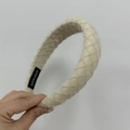 French vintage knitted headband with beige diamond quilting and handmade tag - Milk White