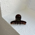 Detailed macro view of small dark brown tortoiseshell acetate hair claw with gold lettering - Chocolate Brown