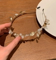 Detail of floral pearl headband with gold metal leaves and sparkling crystals - Fairy Style Headband