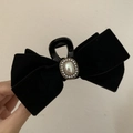 Pinza per capelli a fiocco in velluto nero con decorazione di perle vintage - Nero