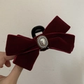 Molla per capelli vintage in velluto rosso scuro con perla ovale e decoro in metallo - Borgogna