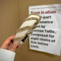 Detail of hand made wide sponge headband featuring beige woven fabric and brown plush stripes - White with Coffee Fur