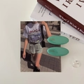 Mint green oval acrylic hair clips with a silver heart ring in a stylish lifestyle layout - Lake Green