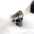 Hip-hop punk skull ring with gold officer hat and eagle emblem on white textured background - US 12 / Gold & Silver