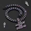 Chaîne cubaine noire hip hop et pendentif lettre NO MONEY NO FRIEND strass violets - Violet (Pendentif + Chaîne)