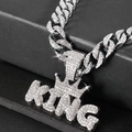Collana cubana d'argento hip hop con ciondolo a corona King ricoperto di strass - Necklace Set / 50cm / Argento (Ciondolo e Catena)