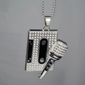 Close-up of hip-hop cassette tape and microphone pendant with sparkling rhinestones - Silver