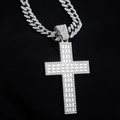 Silberne Iced-Out Kreuz Anhänger Halskette mit Zirkonia auf einer groben Cuban-Kette - Silber (Halskette und Anhänger)