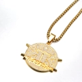 Macro shot of hip hop style gold-toned crown pendant with King of Kings relief - Gold Necklace Set With White Rhinestones