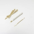 Three-piece gold alloy hair clip set with elegant pearls and minimalist twisted wave design - Cross Pearl and Horizontal Pearl Row Combination (382-A3 Gold) / Gold