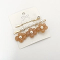 Set van 3 gouden haarspeldjes met barnsteenkleurige bloemen, parels en strass - Oranje