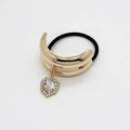 Detail of black elastic hair tie with polished gold C-shape charm and crystal heart pendant - Style C (557 - Gold)