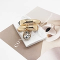 Detail of golden U-shaped metal hair tie with large pear-shaped crystal pendant - Double Bar Arc Style (556-Double Bar Gold)