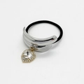 Detail shot of a silver ponytail cuff with a crystal heart pendant on a black hair tie - Double Bar Style (557-Double Bar Silver)